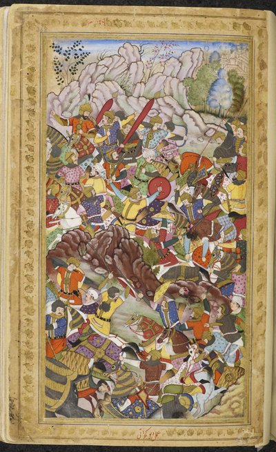 Eerste Slag bij Panipat, 1526. Miniatuur uit Baburnama, ca. 1592 door Unbekannt