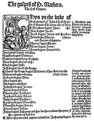 Eerste pagina van het Evangelie van Mattheüs uit William Tyndales Engelse Nieuwe Testament, 1525 door Unbekannt