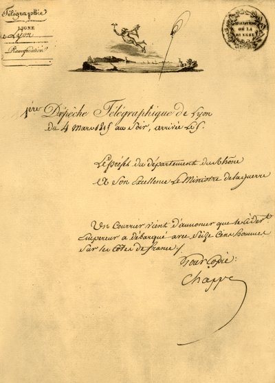 Eerste telegraafbericht uit Lyon, 4 maart 1815, 1921 door Unbekannt