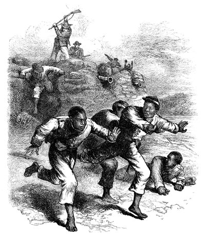Vlucht van zwarte Unie soldaten van Fort Pillow, Tennessee, Amerikaanse Burgeroorlog, 1864, ca. 1880 door Unbekannt