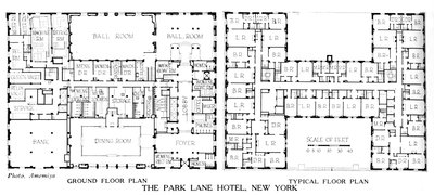 Plattegronden, het Park Lane Hotel, New York City, 1924 door Unbekannt