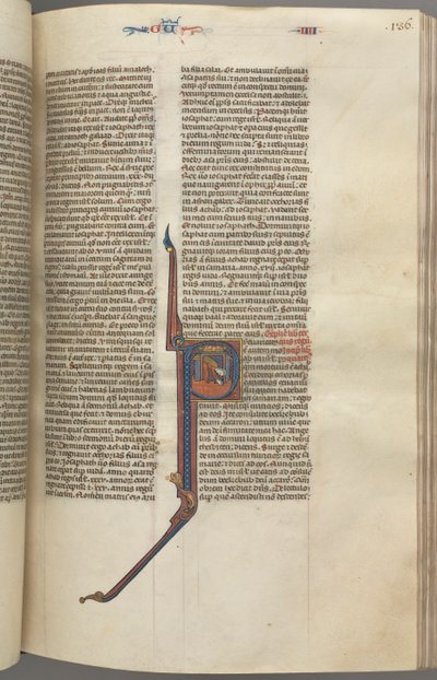 Fol. 136r, Koningen IV, gehistorieerde initiaal P, Ahazia valt van een toren, ca. 1275-1300 door Unbekannt