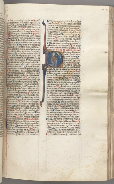 Fol. 218r, Psalm 26, gehistorieerde initiaal D, David knielend wijzend naar zijn ogen, de buste van God... door Unbekannt