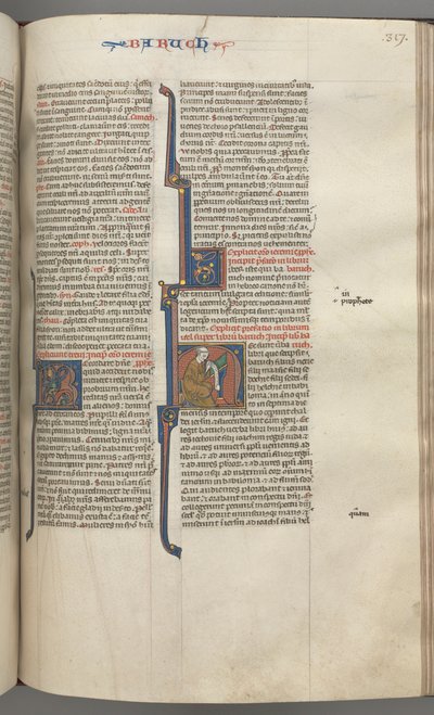 Fol. 317r, Baruch, gehistoriseerde initiaal H, Baruch zittend aan een bureau schrijvend op een rol, ca. 1275-1300 door Unbekannt