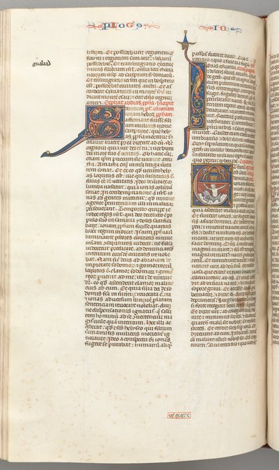 Fol. 357v, Jona, gehistorieerde initiaal E, Jona opgeslokt door de walvis, een ommuurde stad erboven door Unbekannt