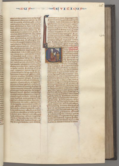 Fol. 36r, Leviticus, gehistorieerde initiaal V, Mozes die een offerlam op een altaar offert, ca. 1275 door Unbekannt