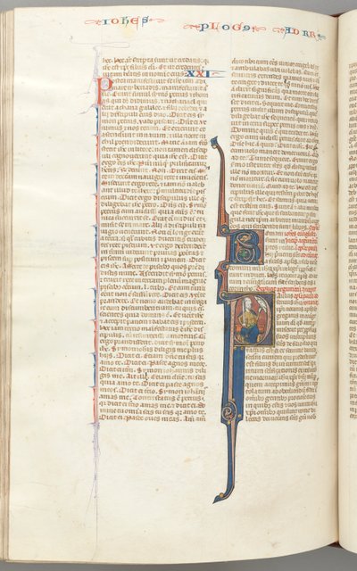 Fol. 435v, Romeinen, gehistorieerde initiaal P, Paulus zittend met een zwaard pratend met de buste van God..., ca. door Unbekannt