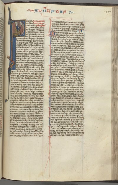 Fol. 449r, Galaten, gehistorieerde initiaal P, Paulus zittend met een zwaard, ca. 1275-1300 door Unbekannt