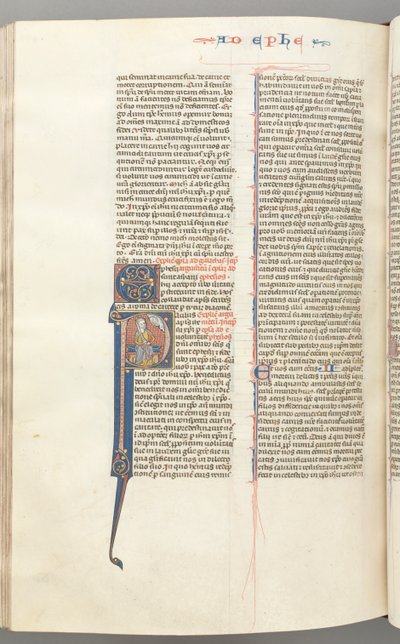 Fol. 450v, Efeziërs, gehistorieerde initiaal P, Paulus zittend met een zwaard, de buste van God erboven, ca. 127 door Unbekannt