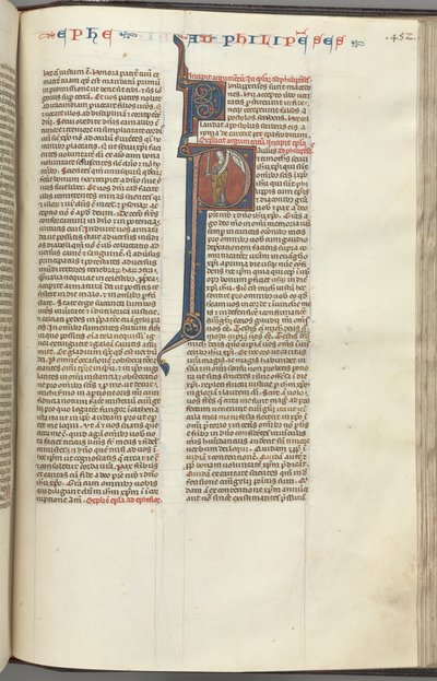 Fol. 452r, Filippenzen, gehistorieerde initiaal P, Paulus staande met een zwaard en een rol, pratend met t door Unbekannt