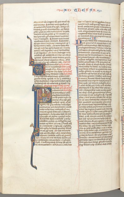 Fol. 454v, Thessalonicenzen I, gehistorieerde initiaal P, Paulus zittend met een zwaard en een boek..., ca. 1275-1300 door Unbekannt