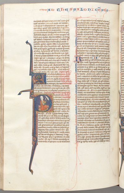 Fol. 455v, Thessalonicenzen II, gehistorieerde initiaal P, Paulus zittend met een zwaard, circa 1275-1300 door Unbekannt