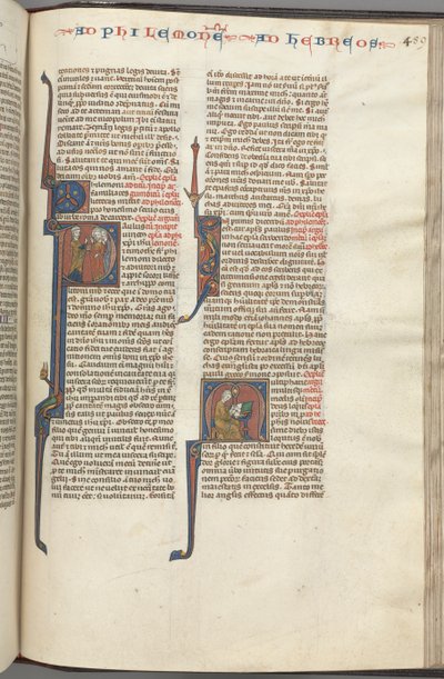 Fol. 459r, Philemon, gehistorieerde initiaal P, Paulus spreekt drie mannen en Hebreeën aan door Unbekannt