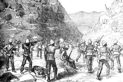 Foerageerpartij van de 67e aangevallen door de Afghanen, 9 nov. 1879, ca. 1880 door Unbekannt