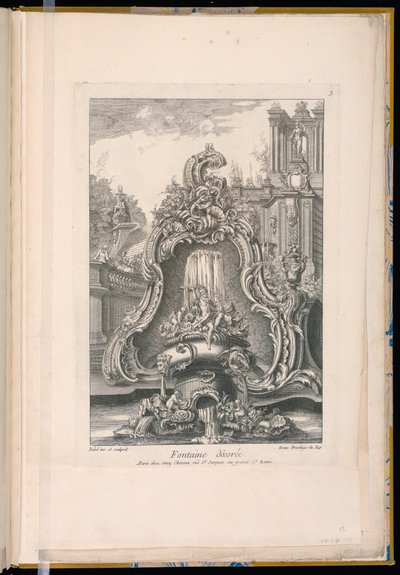 Fontein met een cartouche en gebouwen door Unbekannt