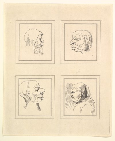Vier hoofden uit Characaturas door Leonardo da Vinci, naar tekeningen van Wincelslaus Hollar, 1786 door Unbekannt