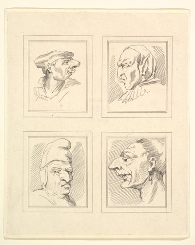 Vier hoofden uit Characaturas door Leonardo da Vinci, naar tekeningen van Wincelslaus Hollar door Unbekannt