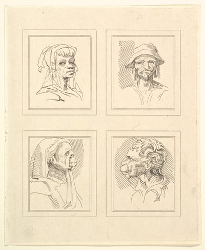 Vier Hoofden uit Characaturas door Leonardo da Vinci, uit Tekeningen door Wincelslaus Hollar door Unbekannt