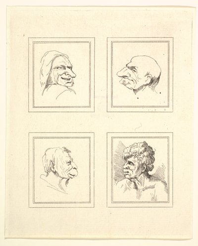 Vier Hoofden uit Characaturas door Leonardo da Vinci, uit Tekeningen door Wincelslaus Hollar, o..., 1786 door Unbekannt