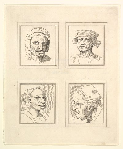 Vier hoofden uit Characaturas door Leonardo da Vinci, naar tekeningen van Wincelslaus Hollar door Unbekannt