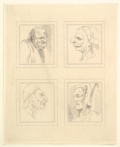 Vier hoofden uit Characaturas door Leonardo da Vinci, naar tekeningen van Wincelslaus Hollar, 1786 door Unbekannt