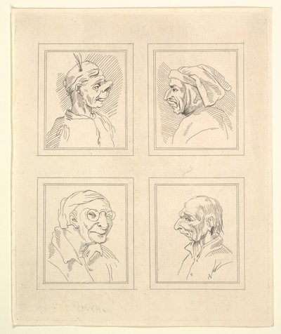 Vier Hoofden uit Karikaturen door Leonardo da Vinci, uit Tekeningen door Wincelslaus Hollar, o..., 1786 door Unbekannt