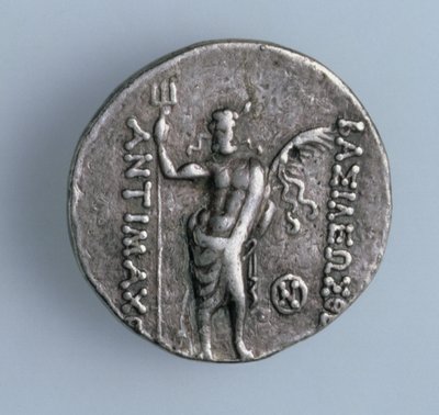 Vier drachme munt, keerzijde met de Griekse god Poseidon die de Indiase drietand-dragende god Siva vertegenwoordigt, uit het Griekse koninkrijk Bactrië, 2e eeuw v.Chr. door Unbekannt