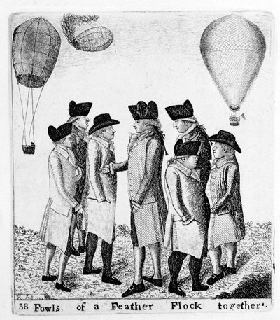 Vogels van een Veer Vliegen Samen, een groep luchtvaarders, ca. 1785 door Unbekannt