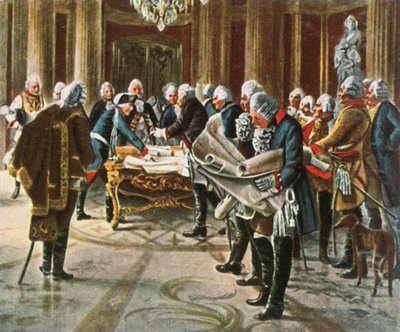 Frederik de Grote houdt een krijgsraad met zijn generaals, augustus 1756 door Unbekannt
