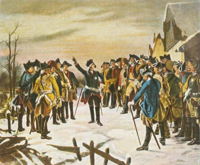 Frederik de Grote houdt een toespraak...aan de vooravond van de Slag bij Leuthen, 5 december 1757 door Unbekannt