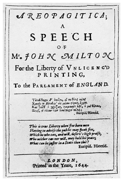Vrijheid van de pers: titelpagina van de Areopagitica door John Milton, 1644, 1956 door Unbekannt