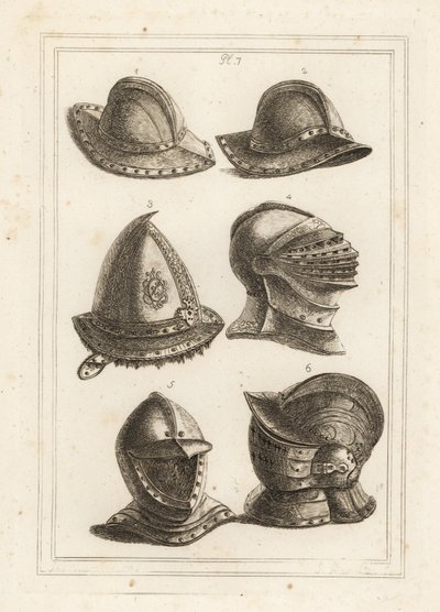 Franse ijzeren pothelm, gegraveerde stalen helm uit de 16e eeuw, grote heldere helm, open helm, versierde helm met vizier door Unbekannt