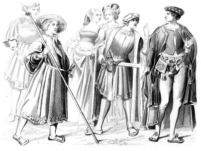 Franse edelen en vrouwen, een yeoman van de wacht, en een heer, 15e eeuw 1849 door Unbekannt