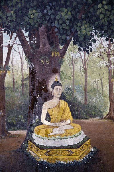Fresco dat een scène uit het leven van de Boeddha toont in Wat Phra Doi Suthep, Chiang Mai. Boeddha mediteert onder een boom, Thailand door Unbekannt