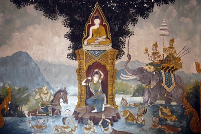 Fresco dat een scène uit het leven van de Boeddha toont in Wat Phra Doi Suthep, Chiang Mai. Phra Mae Thorani wringt haar lange haar uit en stortvloed van water creëert een overstroming, Thailand door Unbekannt