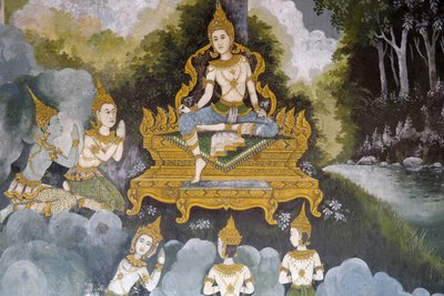 Fresco dat een scène uit het leven van Boeddha toont in Wat Phra Doi Suthep, Chiang Mai, Thailand door Unbekannt