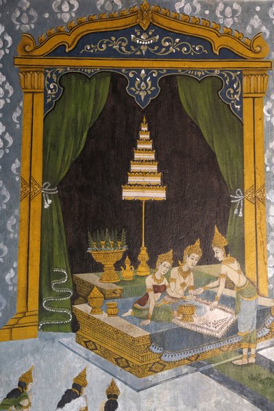 Fresco dat een scène uit het leven van de Boeddha toont in Wat Phra Doi Suthep, Chiang Mai. Jonge Boeddha als prins, Thailand door Unbekannt