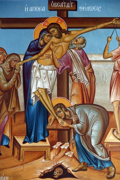 Fresco in Heilige Kruiskerk, Pedoulas. Rouw rond Jezus Christus aan het kruis, 20150510, Pedoulas, Cyprus door Unbekannt