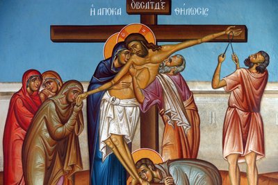 Fresco in Heilige Kruiskerk, Pedoulas. Rouw rond Jezus Christus aan het kruis, 20150510, Pedoulas, Cyprus door Unbekannt