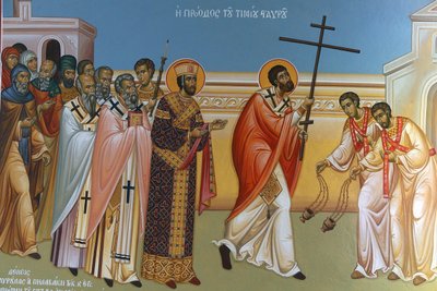 Fresco in Heilige Kruiskerk, Pedoulas. Processie van het kruis, 20150510, Pedoulas, Cyprus door Unbekannt
