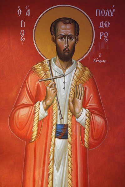Fresco in Heilig Kruiskerk, Pedoulas. Sint Polydor van Cyprus, Pedoulas, Cyprus door Unbekannt
