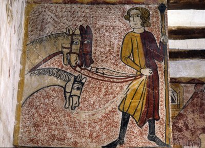 Fresco van de Ferrande Toren in Pernes-les-Fontaines (Pernes les Fontaines, Vaucluse (84)) uit de 13e eeuw: Een Palefrenier die de teugels van drie paarden vasthoudt. door Unbekannt