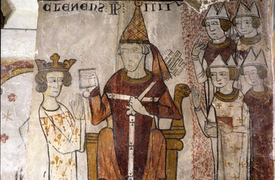 Fresco van de Ferrande Toren in Pernes-les-Fontaines (Pernes les Fontaines, Vaucluse (84)) uit de 13e eeuw: Karel I van Anjou (1226-1285) werd op 28/06/1265 door paus Clemens IV (ca. 1195-1268) geïnvesteerd in het Koninkrijk Sicilië. door Unbekannt