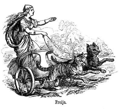 Freya Frigg godin van de liefde in de Scandinavische mythologie, rijdend in haar wagen getrokken door katten door Unbekannt
