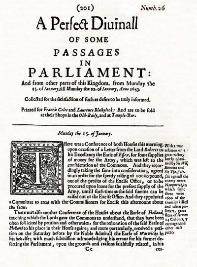 Voorpagina van A Perfect Diurnall of Some Passages in Parliament, 1643 door Unbekannt