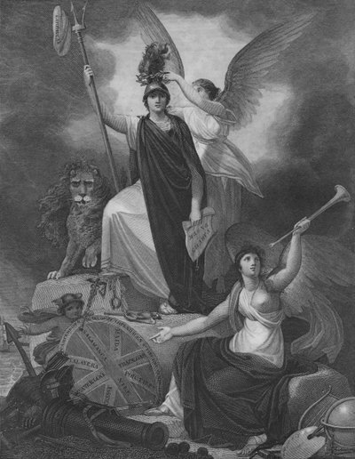 Frontispice - Britannia met de drietand van Neptunus, bekroond door de Vrijheidsmuts en kroon door Unbekannt