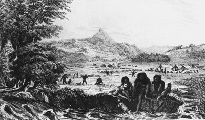 Fuegians bij Woollya, met het kamp van de Fitzroy-expeditie op de achtergrond, 1831 door Unbekannt