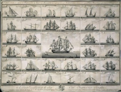 Gravure van de oorlogsschepen en koopvaardijschepen die in de Middellandse Zee voeren door Unbekannt