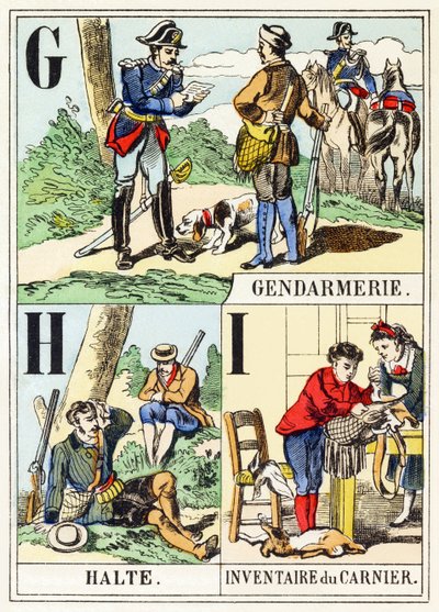 G H I: Gendarmerie, Halte, Inventaris van de buit - Het Jachtalfabet, ca. 1890 (gravure) door Unbekannt