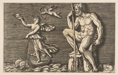 Galatea ontsnapt aan Polyphemus, hij zit op een rots met een staf en pijpen, ca. 1515-1600 door Unbekannt
